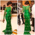 Alibaba Elegant Applique Lace Green Pageant Evening Dresses New Style Long Sleeves Satin Court Train Mermaid Zipper Gowns LE01